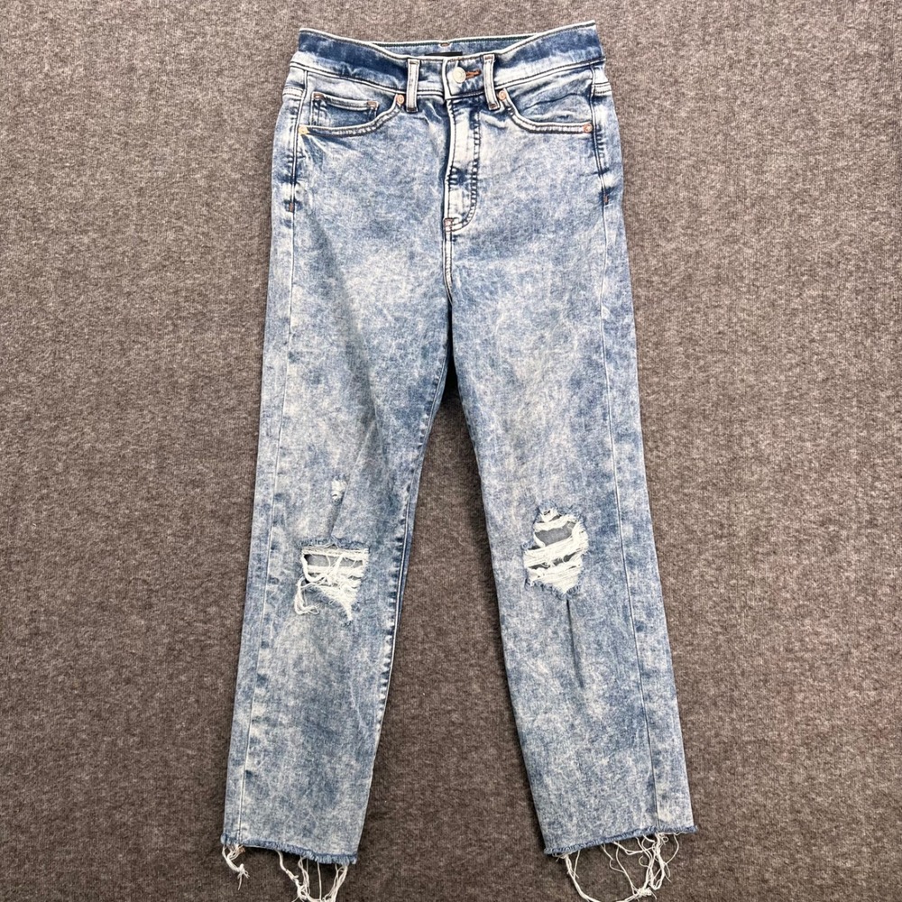 Express Slim Super High Rise Crop Acid Wash Distressed Jeans Light Blue Womens 6